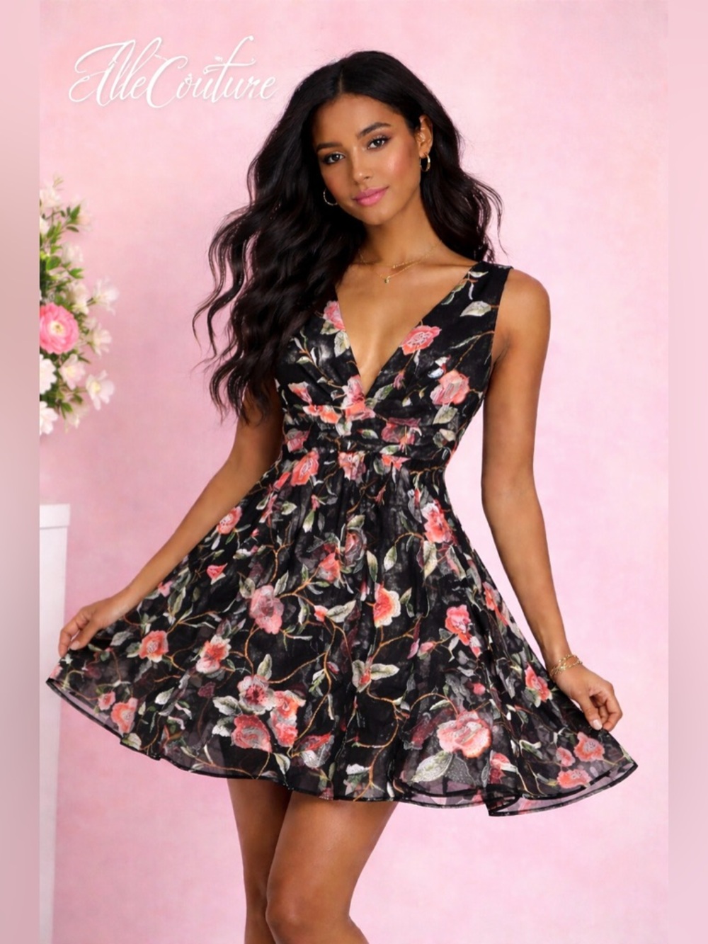 Bloomingdale’s AQUA Embroidered Floral Baby doll Party Dress Deep V NWT M chic